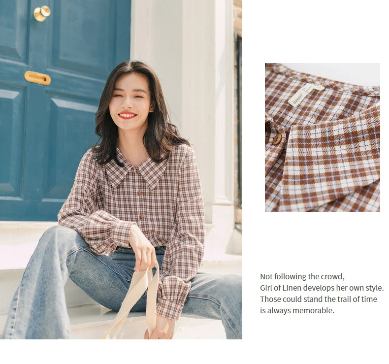 INMAN Winter New Arrival Literary Retro 100%Cotton Doll Collar Plaid Loose Long Sleeve Women Blouse