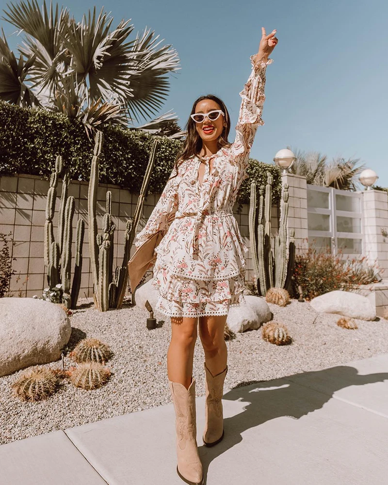 AYUALIN/осеннее мини платье кремового цвета с цветочным принтом и оборками Платье