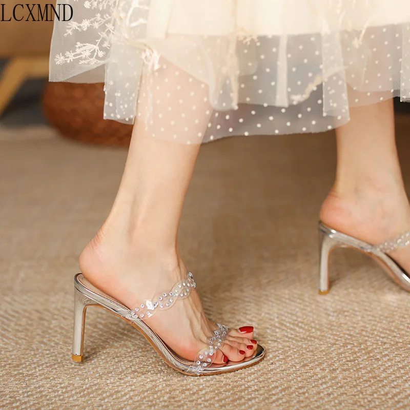 High Quality Sandal High Heels for Women 2021 Summer New Square Toe Diamond Sandal Stiletto Heels for Women Female slippers