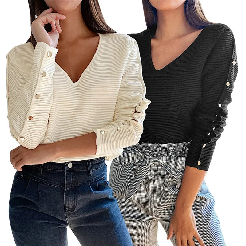 

Women Shirt Autumn Spring Elegant Metal Button Sleeve Detail Ribbed Blouse 2021 New V-neck Long Sleeve Shirt Women Tops Pullover