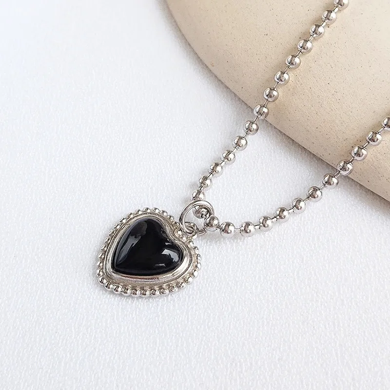 

Fengxiaoling 100% 925 Sterling Silver Black Natural Stone Heart Necklaces & Pendants For Women Fashion Party Jewelry