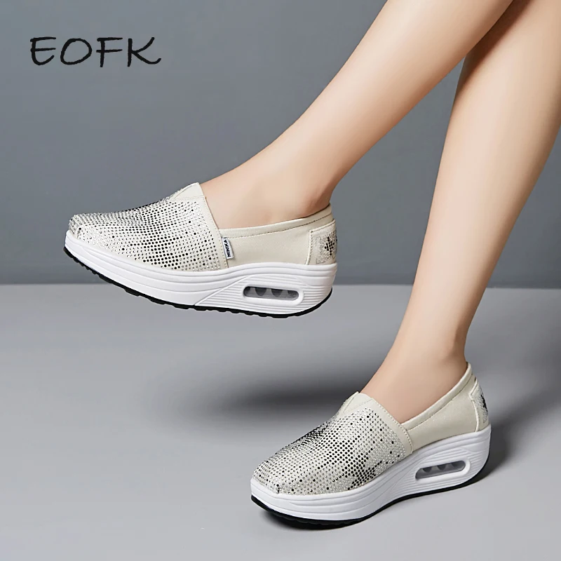 Женские лоферы с кристаллами EOFK тканевые слипоны повседневные из искусственной