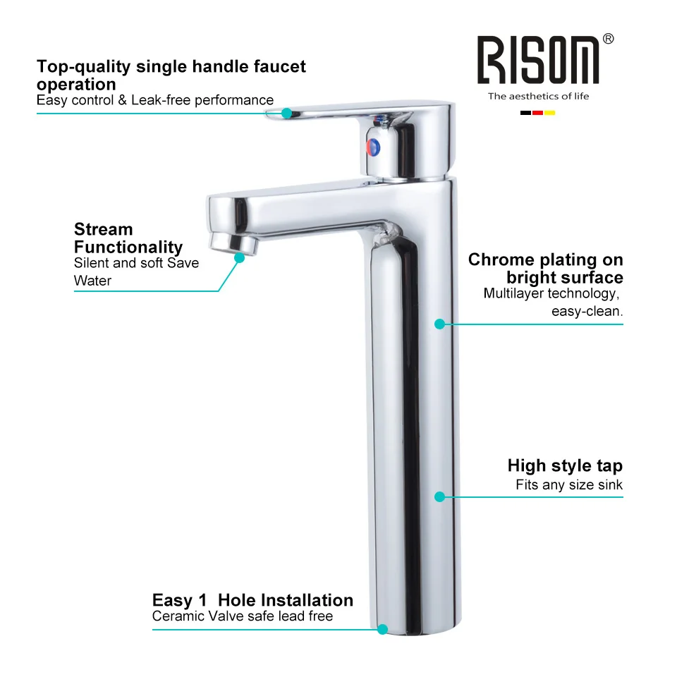 

RISOM Chrome Tall Basin Sink Faucet Slim Bathroom Washbasin Water Mixer Tap Hot Cold Water Basin Crane Tap Bathroom Tap