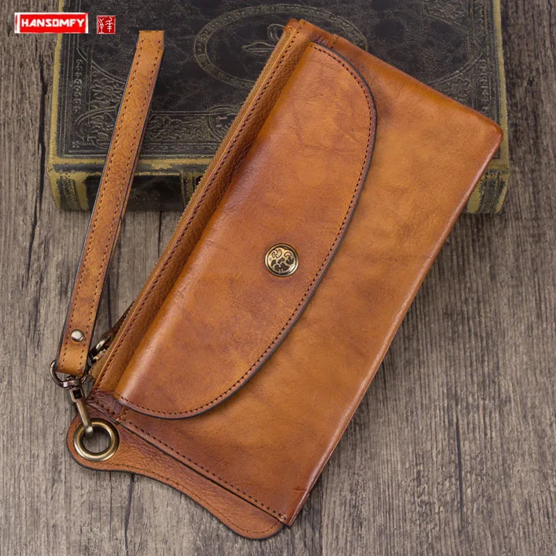 Retro Leather Men's Wallet Card Holder Long Wallets Men Zipper Purse First Layer Cowhide Thin Section Simple Tide 3 fold Male