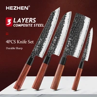 hezhen 1 4pc kitchen knife set chef utility stainless steel 3%c2%a0layers composite steel santoku nakiri kitchen accessories