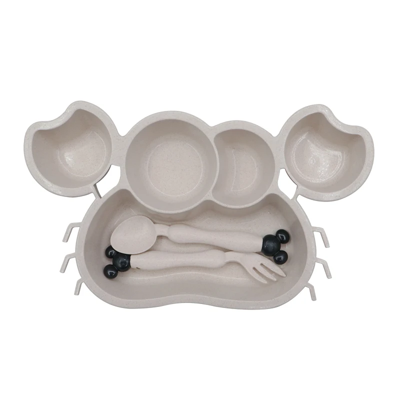 Beige Set 3 шт., детская посуда для кормления с рисунком краба, детские блюда, детская посуда для еды, набор посуды с антигорячей тарелкой, тренировочная чаша+ ложка+ вилка - Цвет: Beige Set
