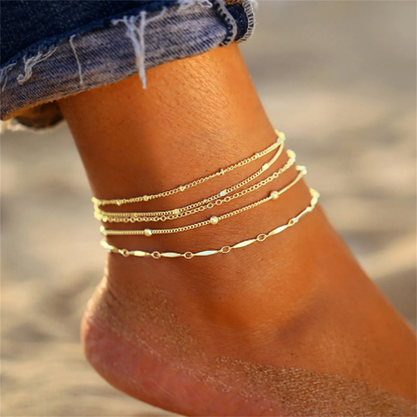 Women's 5pcs Ankle Bracelet Beach Adjustable Chain Anklet Foot Jewelry Summer Anklets On Five-layer Fashion Ank | Украшения и