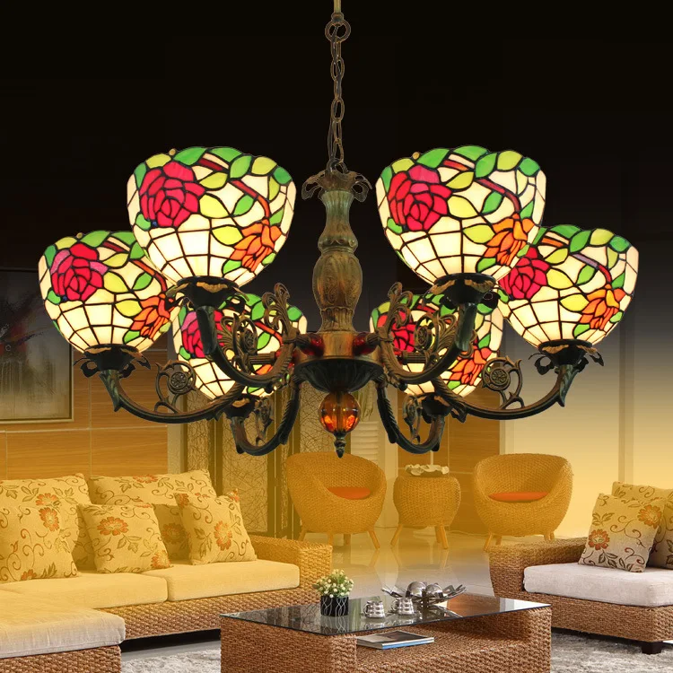 

American Pastoral Creative Rose Personalized Art Chandelier Luxury European Tiffany Glass Lamps Custom Size