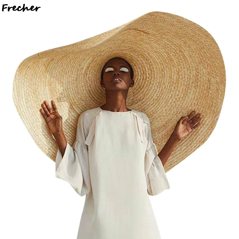 80CM Fashion Large Sun Hat Summer Anti-UV Protection Foldable Straw Cap Woman Cover Oversized Collapsible Sunshade Beach Hat