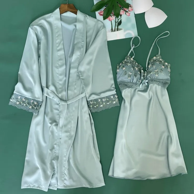 

Summer Pink Robe Set Sexy Lace 2PCS Sleepwear V-neck Nighty&Robe Set Silky Kimono Gown Solid Sleep Set Casual Home Dressing Gown