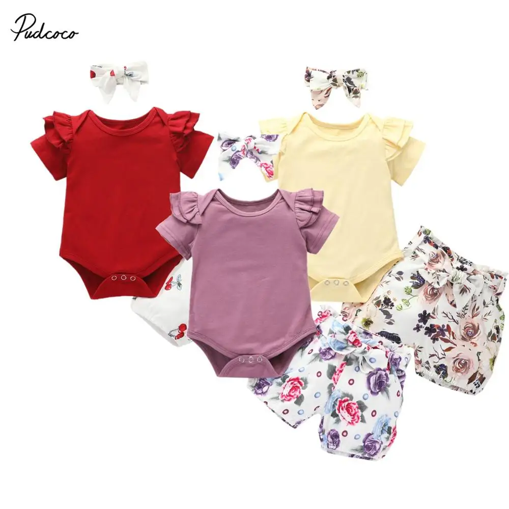 

Newborn Romper+Shorts+Bow Hairband, Floral Print Lotus Leaf Bottom Button Baby Clothing