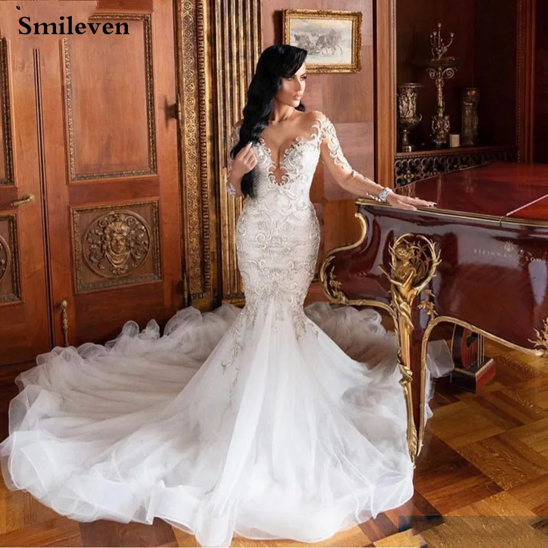 

Smileve Lace Mermaid Wedding Dress Long Sleeve Bridal Gowns Sexy See Through Neck Robe De Mariee Custom Made