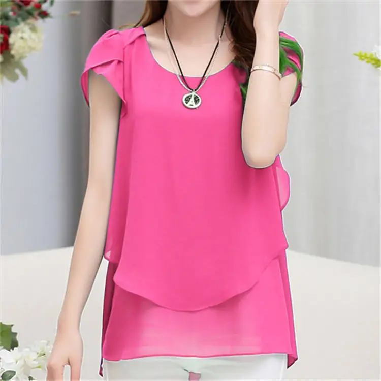 Женская блузка свободная Круглый ворот шифон женский короткий рукав размера