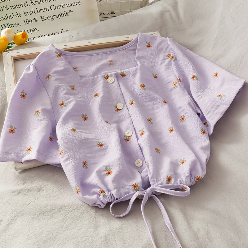 Pearl Diary Women Textured Cotton Crop Blouse Daisy Flower Print Square Neck Buttons Front Drawstring Waist Sweet Short Blouses | Женская