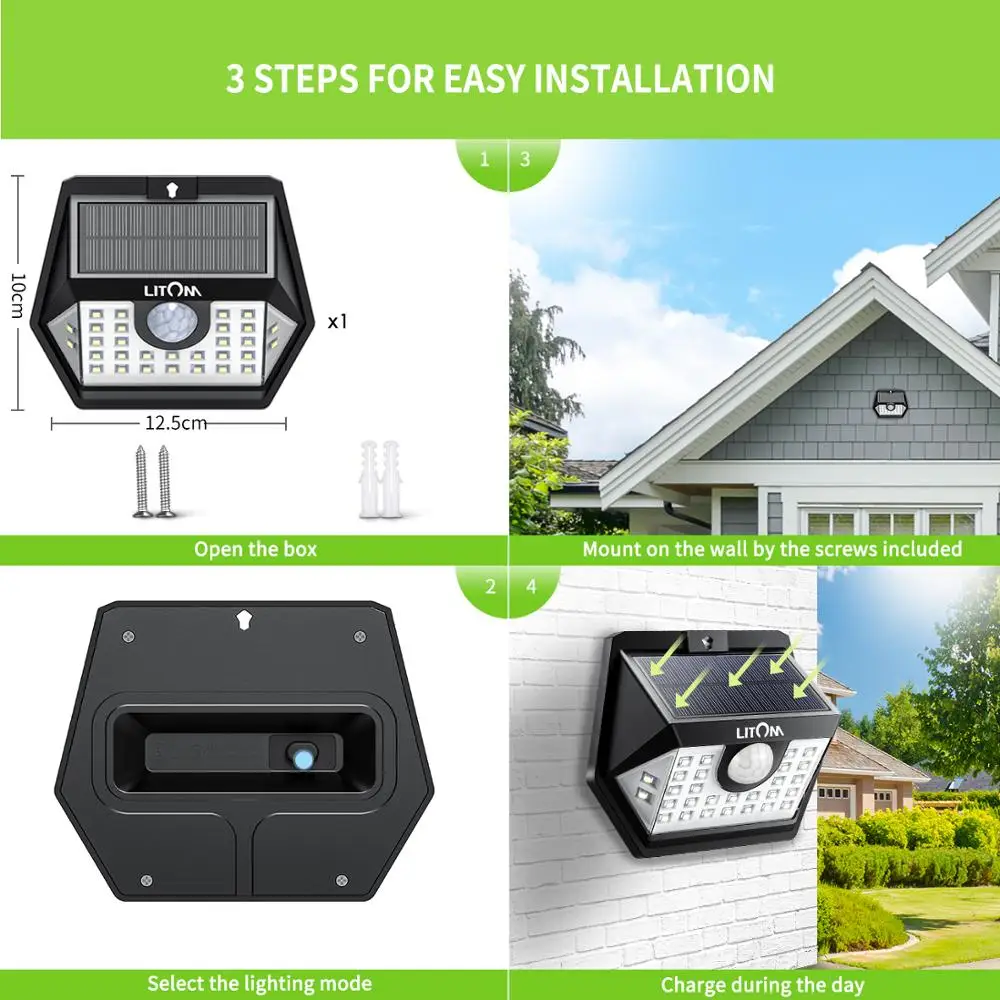 

4 Pack LITOM 30 LED Solar Light Motion Sensor Garden Lights with 3 Light Mode 270 Wide-angle IP65 Waterproof Lamp Luz Solar Led
