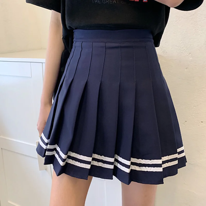 

Zoki High Waist Women Pleated Skirts A-line Mini Skirt Stripe Slim Polyester Korean Preppy School Uniform Fashion Summer New