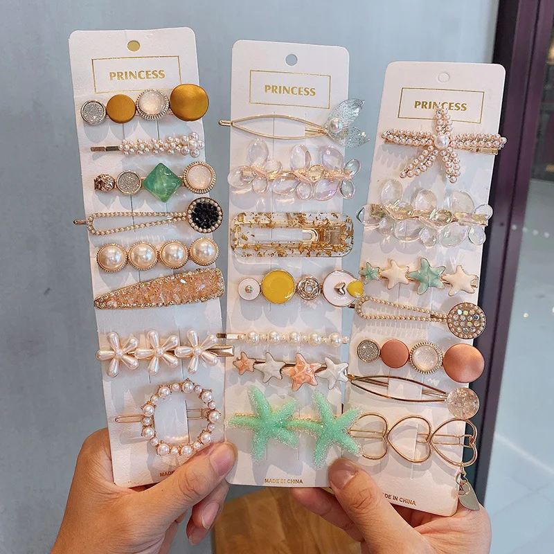 

Pearls Hair Clips Pin For Women Fashion Geometric Flower Barrettes Headwear Girls Sweet Top Clip Crystal Accessorie