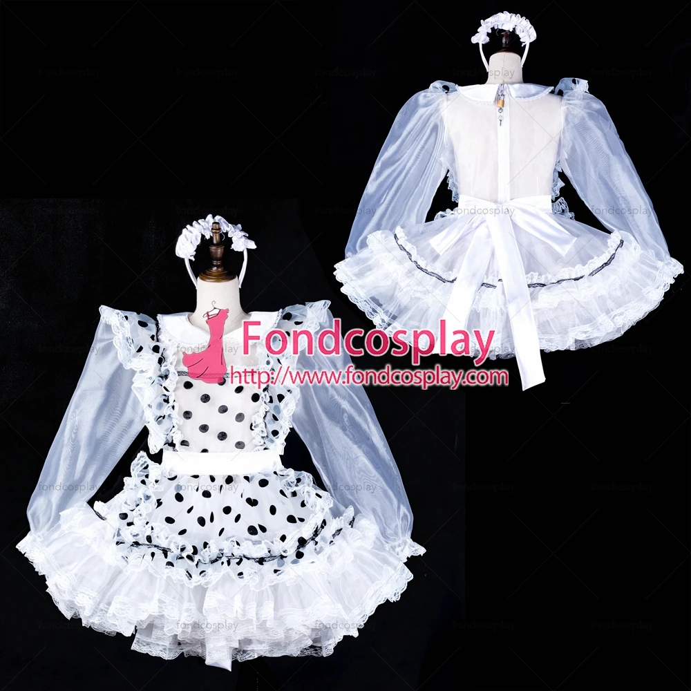 fondcosplay adult sexy cross dressing sissy maid short white Dots satin dress lockable organza Uniform Tailor-made[G2324] |