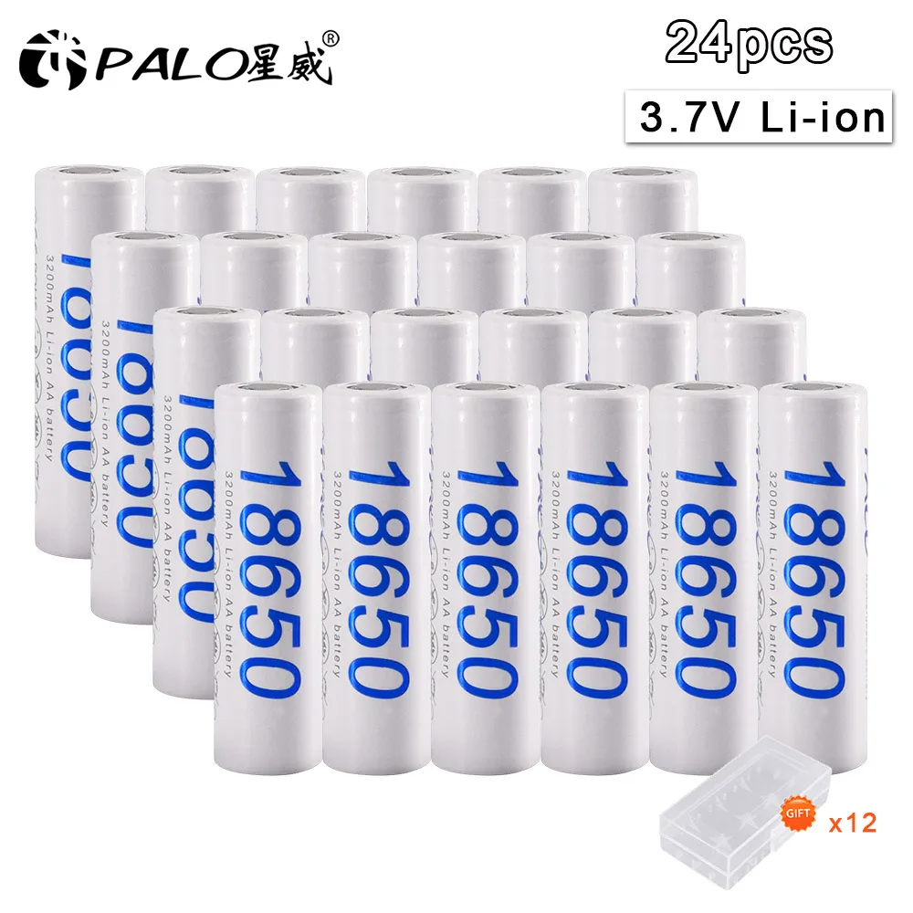 PALO 16-30 шт 18650 литий-ионный аккумулятор 3,7 V 3200mAh для аккумуляторов фонарика+ коробка для хранения - Цвет: 24pcs