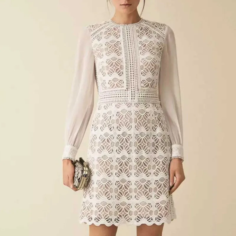 SMTHMA High Quality Fashion Self-Portrait Lace Hollow Dress Woman Luxury design Runway Pleated Waist Print Chic Dress
