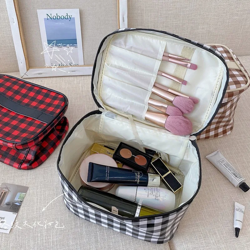 

Plaid Makeup Bag Waterproof Travel Cosmetic Organizer Women Pu Leather Toiletry Case Necessaire Cosmetics Bag Female Beauty Box