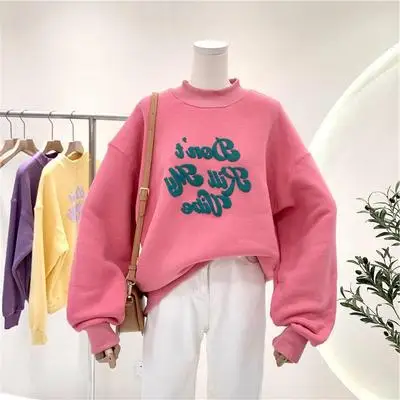 

Composite sweater Korean version of small fresh collision color loose velvet thickened half-high collar pullover hoodie