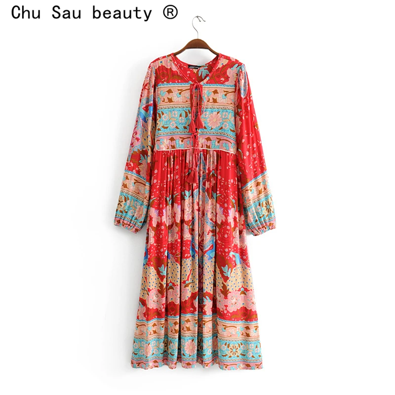 Женское платье макси с цветочным принтом Chu Sau beauty длинное бантом и кисточками