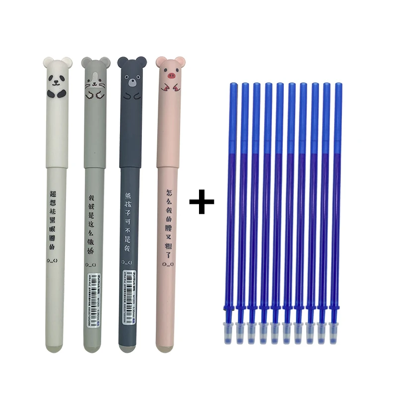 

4 Pcs + 10 Refill Animals Erasable Pen 0.35mm Refill Rods Cute Panda Cat Pens Kawaii Ballpoint Pen Writing Washable Handle