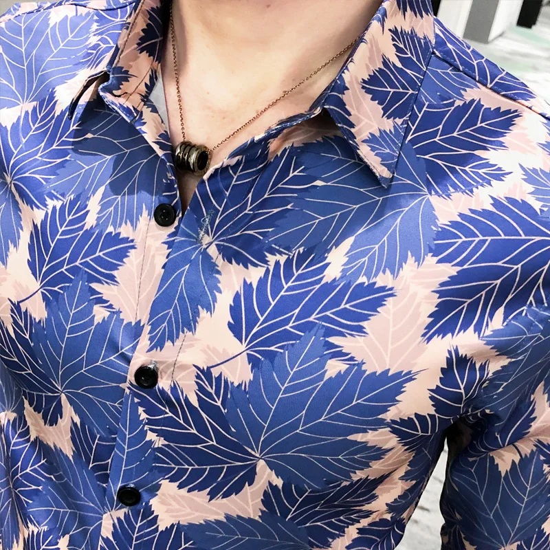 

Casual Fit Slim Short Sleeve Shirts Chemise Homme 2020 Summer Leaf Print Hawaiian Men Shirt Night Club Streetwear Social Shirts