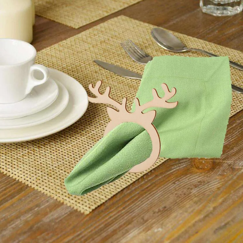 

10pcs Reindeer Antler Place Card Napkin Holder Mini Wooden Ring for Christmas Party Dinner Banquet Home Table Decor