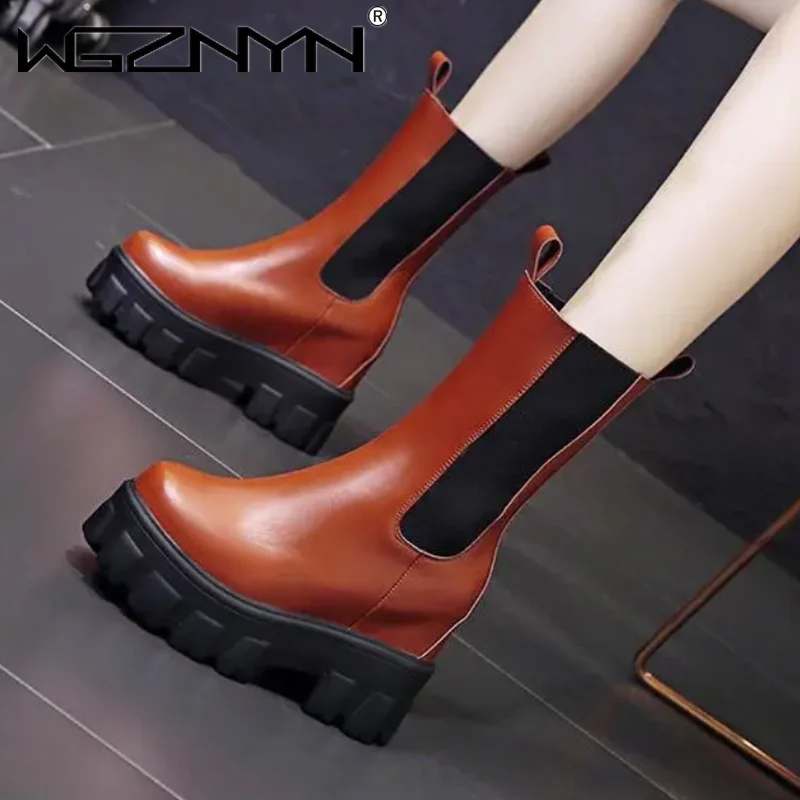 

2020 черного цвета; Кожаная обувь на толстом каблуке; Обувь «Челси» для женщин; Обувь британский стиль круглый носок обувь на плоской подошве ...