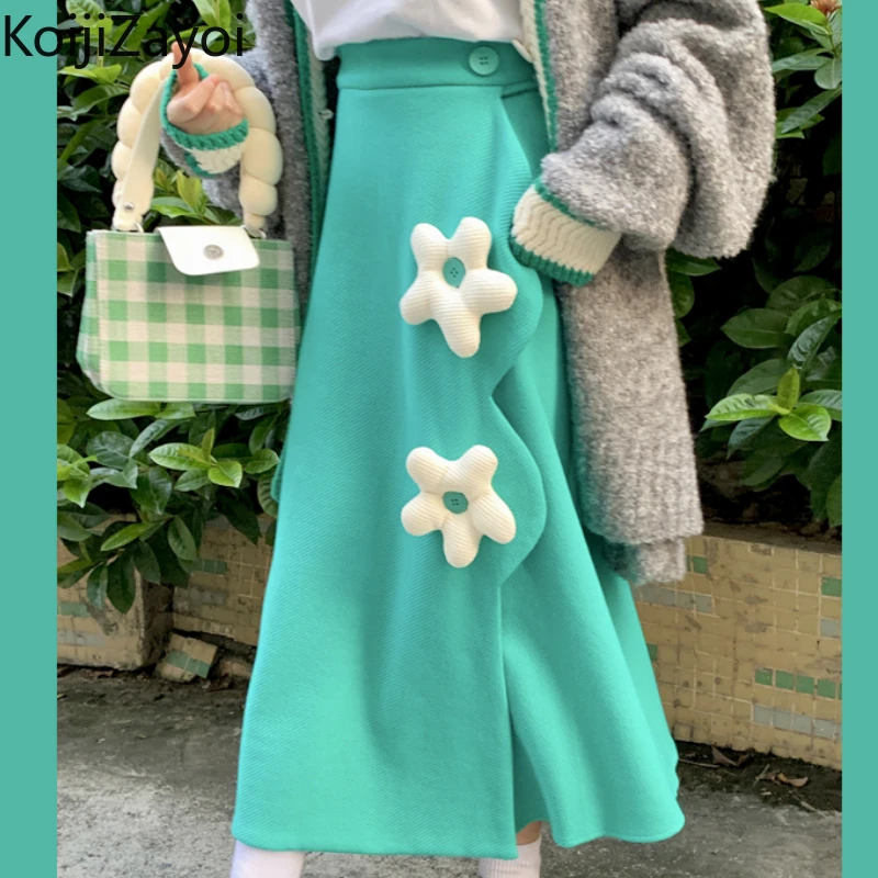 

Koijizayoi Women Sweet Long Skirt Autumn Winter Fashion Lady Appliques Flower Skirts High Waist Chic Korean Faldas Dropshipping