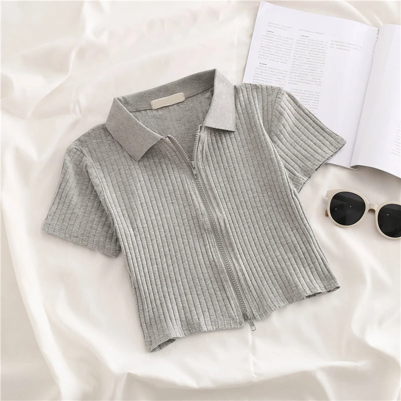

Ribbed Button Women Crop Top 2020 SummerTurn Down Neck Short Sleeve Harajuku Korean Female Knitted Tank Camisole WX33