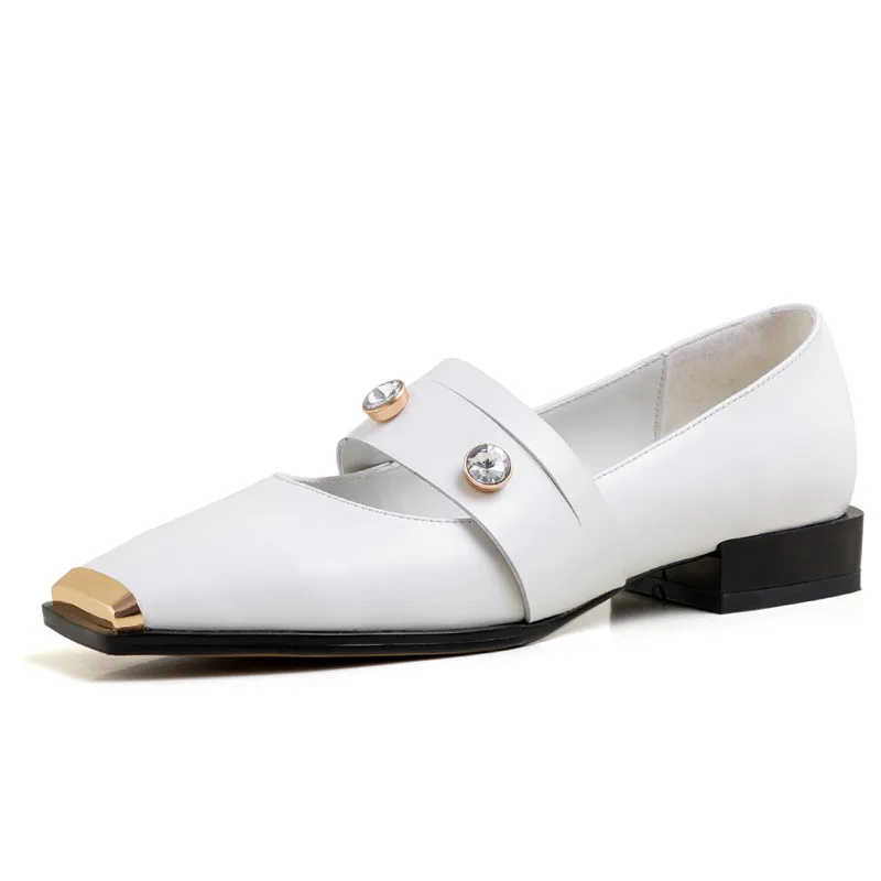 

New Spring Antumn Rhinestone Metal Square Toe Small Leather Shoes Lady Elegant Soft Flat Black White Mary Jane Shoes Size 33-40
