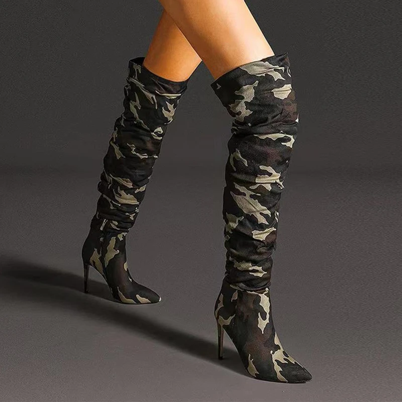 Camouflage Print Soft Long Thigh High Boots for Ladies Pointy Toe Fashion Shoes 2021 Winter Women Heels
