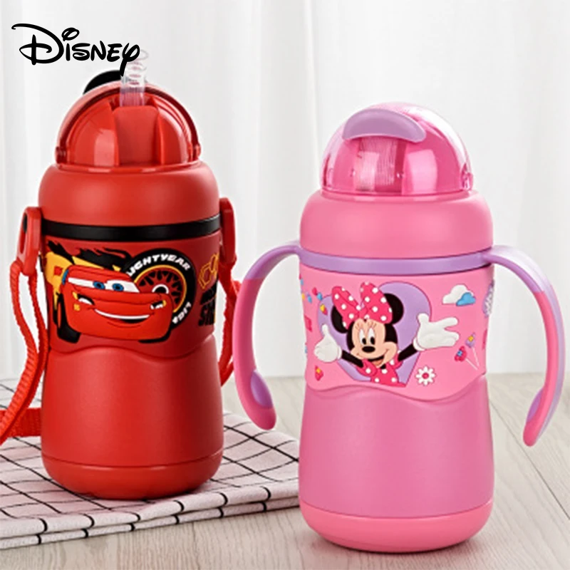 

Детская соломенная чашка Disney с ручкой, портативная бутылка для воды из нержавеющей стали с мультяшным рисунком, детская чашка для питья с за...