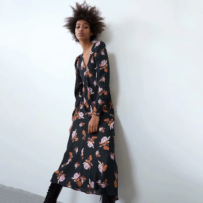 Женское платье с длинным рукавом ZA свободное элегантное шикарное цветочным