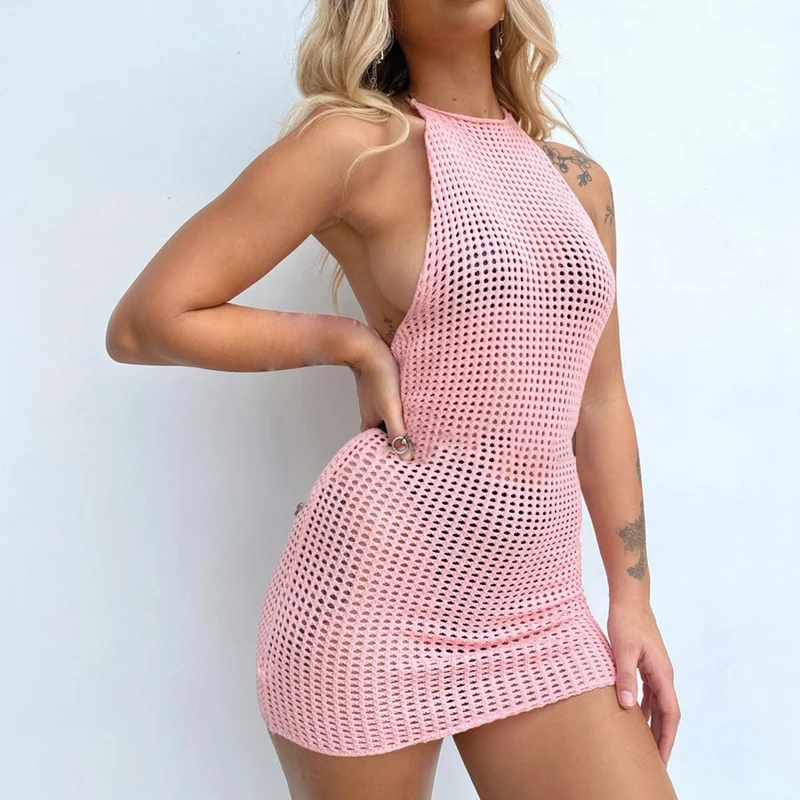 

Uclio Women's Halter Halter Mesh Perspective Sleeveless Hip Dress Pink