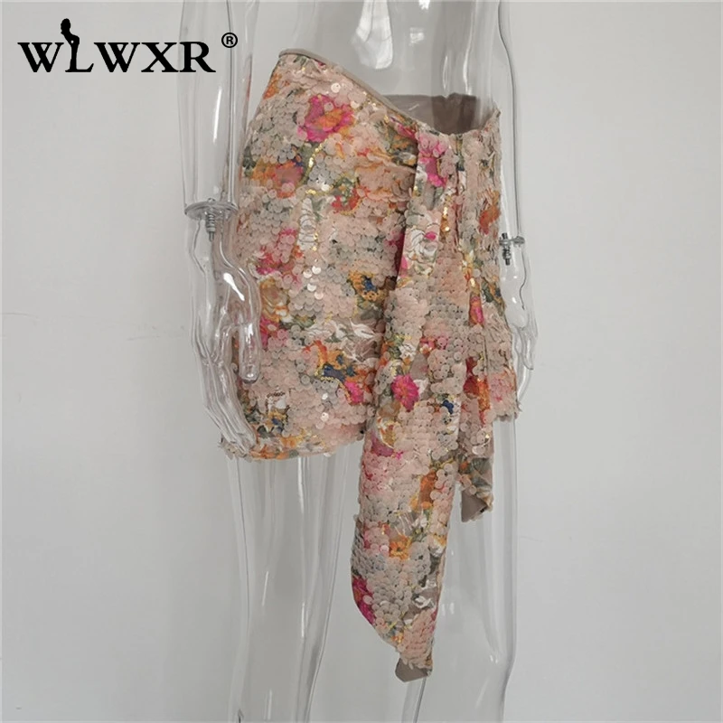 WLWXR/Пикантные мини-юбки из искусственной кожи; Женская Асимметричная черная юбка с блестками и высокой талией; Клубные вечерние юбки-карандаш в складку