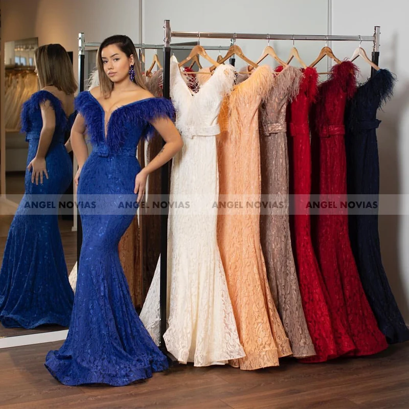 

ANGEL NOVIAS Long Royal Blue Lace Mermaid Evening Dress 2021 with Feather Elegant Sleeveless Arabic Prom Gowns Sukienki Damskie