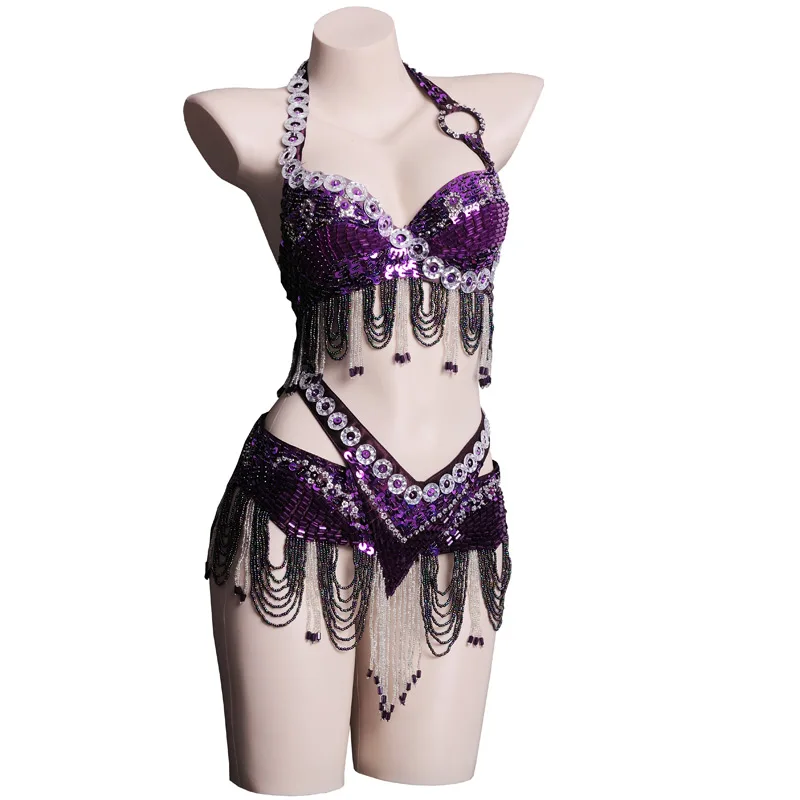 

Stage & Dance Wear Women Oriental Dance Sequin Beaded Bra and Belt Bellydance Suit 2pcs Rhinestones Costume for Belly Dance