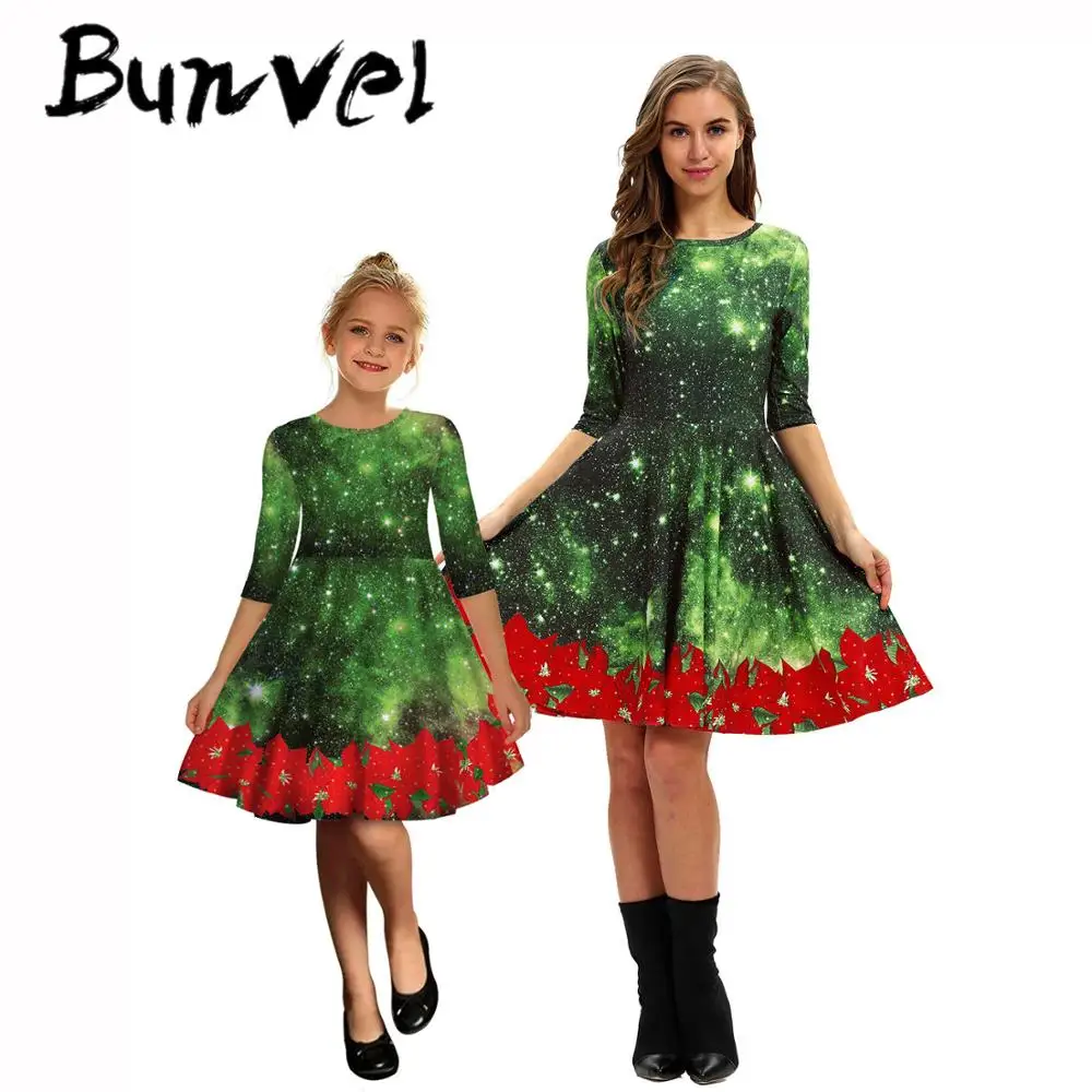 Bunvel/рождественские платья для мамы и дочки осенне зимняя одежда клетчатая с 3D