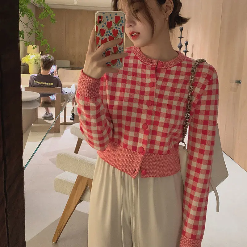 

Plaid Sweaters Women Short Slim Korean Ins New Fashion Autumn Winter Cardigans Sweet 2021 Chaqueta Mujer