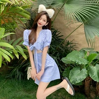 primaxis summer dress 2021 blue and white check bandage puff sleeve top high waist short skirt girl party dress suits
