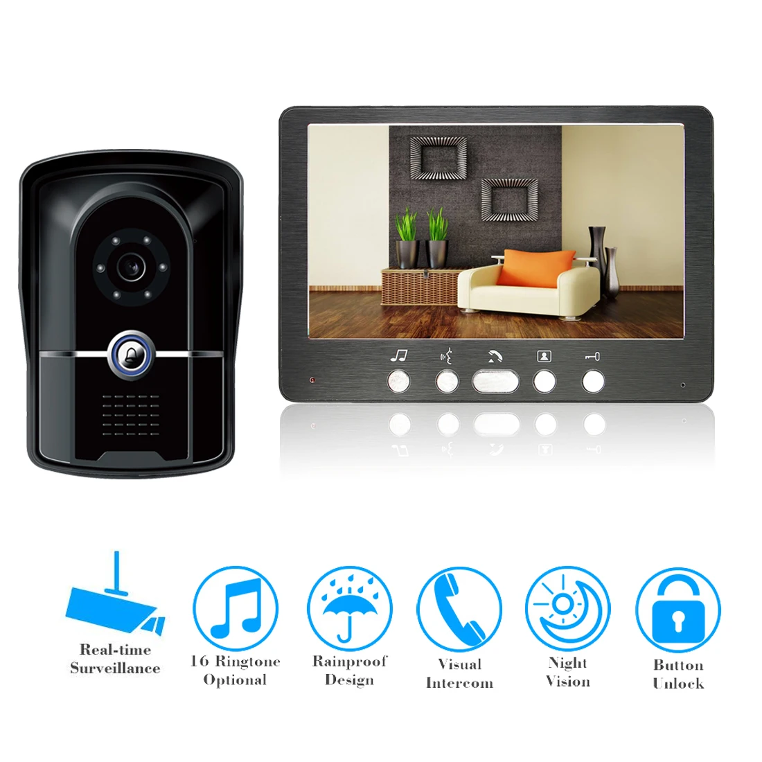 Wired 7 inch Video Door Phone Intercom Doorbell System 1 Monitor 1 Camera with  Night Vision IP55 Level Waterproof