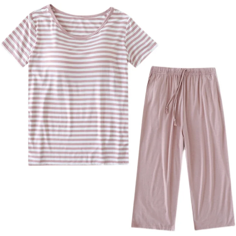 

Padded Pajamas Women's Summer Short-Sleeved Cropped Pants Spring and Autumn Modal Thin Loose Home Wear Suit Summer