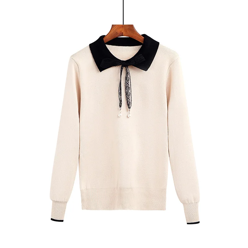 

Korean Style Sweet Spring Lace Bow Tie Knitted Lapel Sweater Female Cute Ladies Tops Streetwear Teenage Girls Elastic Pullovers