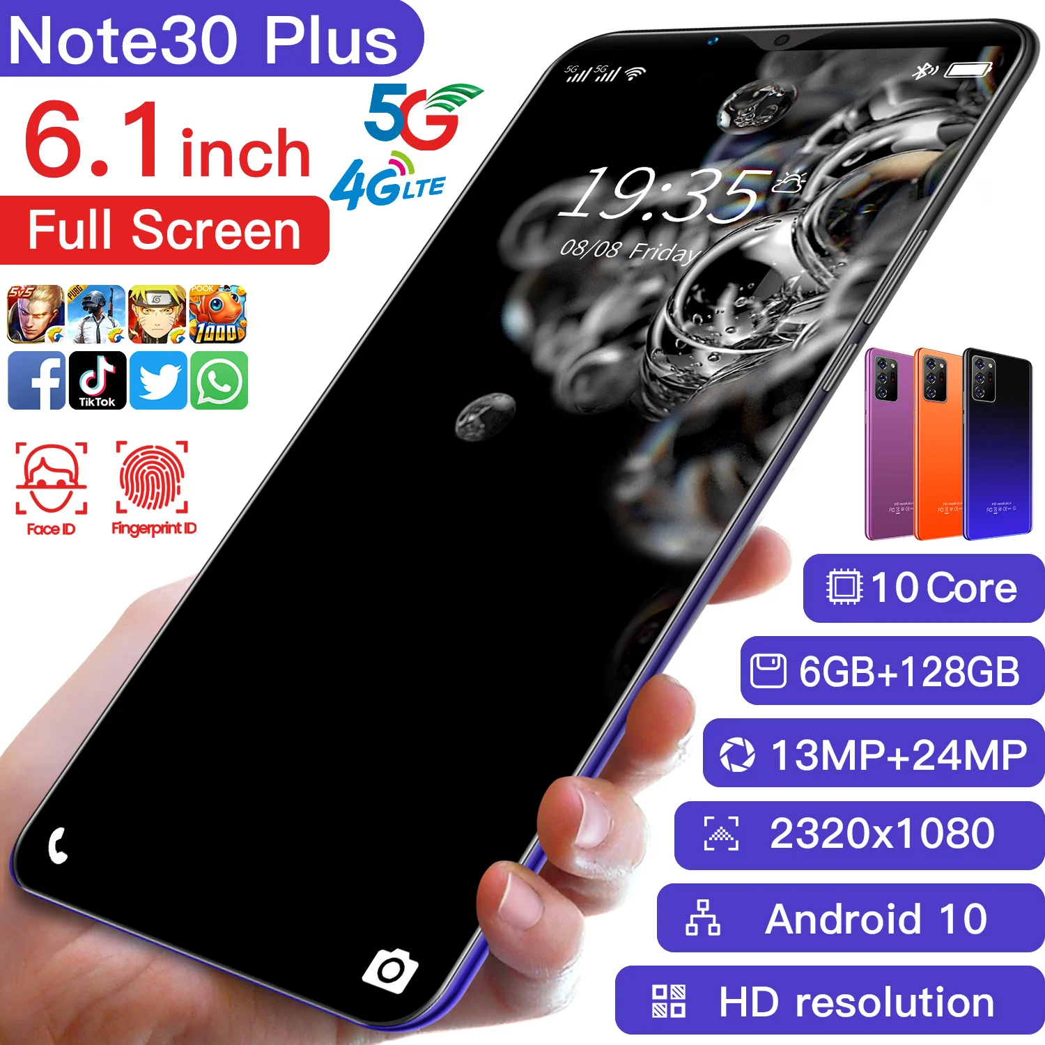 

Note30 Plus Smartphone 6.1Inch 4800mAh Global Version 5G Mobile Phone6+128GB 13MP +24MP HD Camera Android10 Dual SIM Cellphones