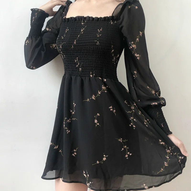 

2021 Spring New Women Fashion Long Sleeve Square Collar Cute Ruffles Elastic Tunic Dress Floral Print Casual Mini Dress Vestidos