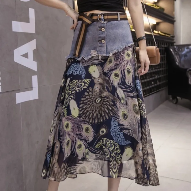 

Street Style Women Denim Patchwork Chiffon Floral Skirt Fashion 2019 Summer New High Waist A-Line Long Skirts Beach Skirt S-2XL